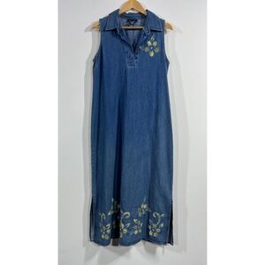 Denim & Co VTG 90s Womens Mature Modest Overall Floral Embroidered Maxi Dress